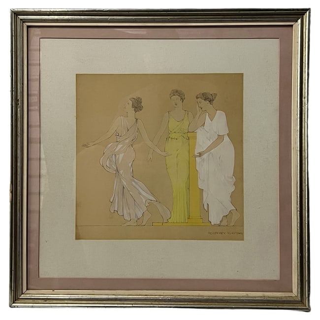 Geoffrey Norman | Classical Figures in Neoclassical Attire (Pair) | Watercolor/Mixed Media on Paper: Description: A matching pair of original watercolor and mixed media works on paper by Geoffrey Norman, depicting graceful neoclassical scenes with draped female figures in classical settings (one feat