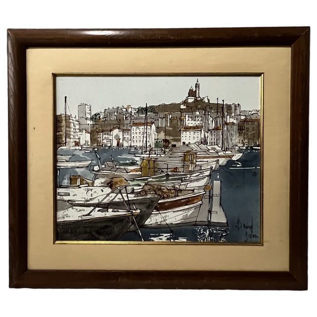 Bernard Dufour | Harbor Scene with Boats | Oil on Board: Description: An original oil painting on board depicting a bustling harbor scene filled with moored boats and a coastal town backdrop under a pale sky. The piece features bold graphic linework and is 