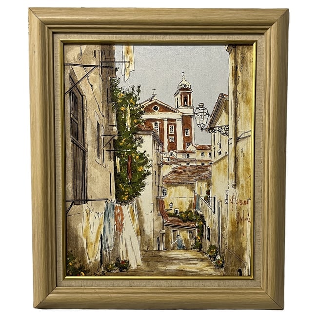Bernard Dufour | European Street and Church Alleyway | Oil on Board: Description: An original oil painting on board depicting a sunlit European alleyway and street scene featuring stucco walls, hanging laundry, flowering plants, and a prominent church tower in the back
