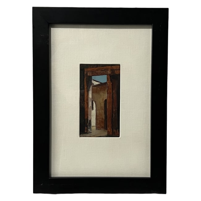 Jean Guillaume | "Cabo Frio Gateway" | 1973 | Oil on Canvas: Description: An original oil on canvas painting depicting an architectural gateway scene in Cabo Frio. The piece is signed and dated "73" in the lower left corner. The verso features a label identifyi