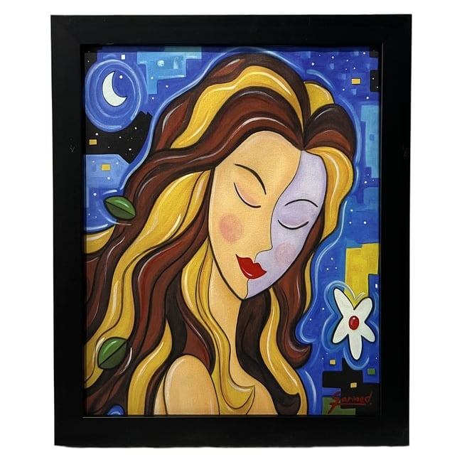 Nocturnal Cubist Portrait | 2009 | Oil or Acrylic on Canvas: Description: An original oil or acrylic on canvas painting depicting a nocturnal Cubist-style portrait. The piece is signed "Garmed." in red pigment in the lower right corner. The canvas verso feature