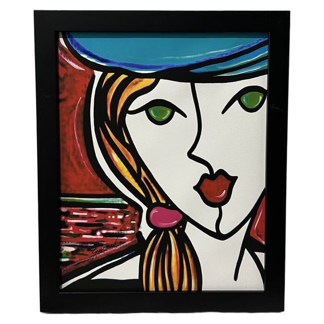 Pop Art Portrait with Blue Hat | 2009 | Oil or Acrylic on Canvas: Description: An original oil or acrylic on canvas painting depicting a stylized pop art portrait with a blue hat. The piece is signed "Garmed." in black pigment in the lower left quadrant. The canvas 