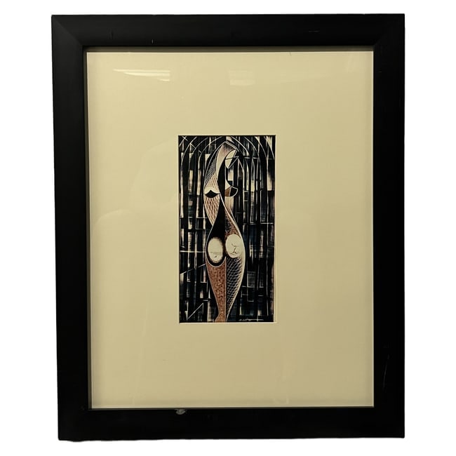 Benjamin Britt | "Abstract Female Figure" | Mixed Media: Description: An original mixed media artwork depicting a stylized abstract female figure. The piece is signed "B. Britt" in the lower right corner. It is matted and housed in a black frame. The verso 