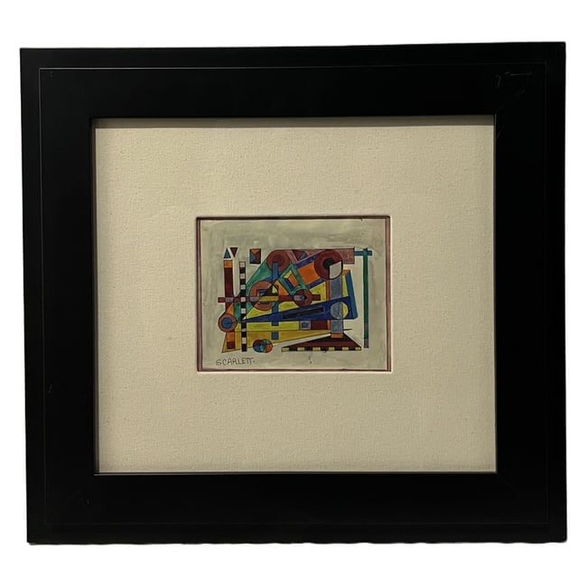 Rolph Scarlett | "Geometric Abstraction" | Mixed Media on Paper: Description: An original mixed media on paper artwork featuring a vibrant geometric abstraction. The piece is signed "SCARLETT." in the lower left corner. The geometric artwork is set within a wide, t