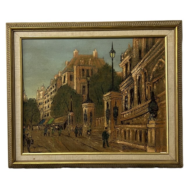 Russom (20th Century) | "European Street Scene" | Oil on Canvas: Description: An original oil on canvas painting depicting a charming European street scene, executed with rich, heavy impasto palette knife techniques. The piece is signed "Russom" in the lower right 