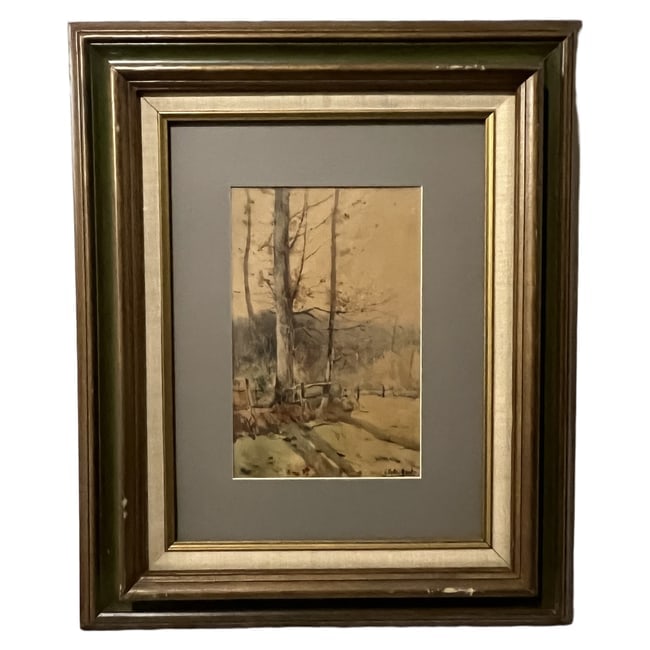 Victor Uytterschaut | "Wooded Landscape" | Watercolor on Paper: Description: An original watercolor on paper depicting a serene wooded landscape. The piece is signed "V. Uytterschaut" in the lower right corner. The artwork is set within a gray mat and housed in a 