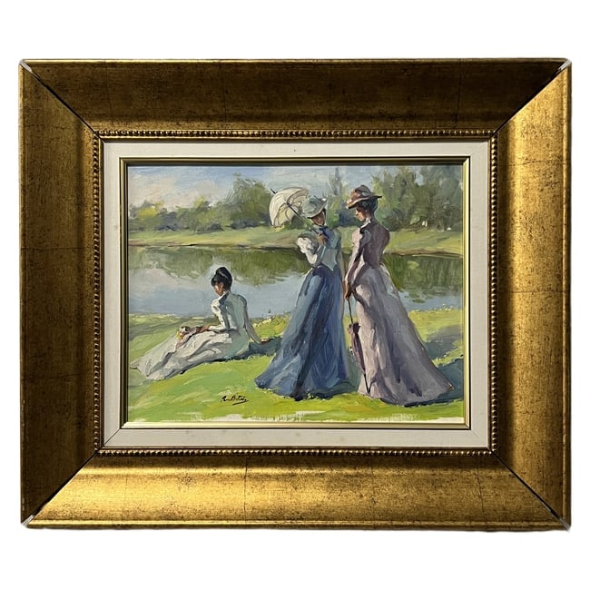 Figures with Parasols | Oil on Canvas: Description: An original oil on canvas painting depicting figures strolling with parasols in a scenic outdoor setting. The piece is signed indistinctly in the lower center. The canvas verso features f