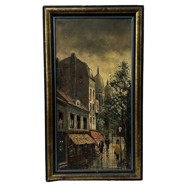 Marcel Courtin | "Parisian Street Scene with Sacré-Cœur" | Oil on Canvas: Description: An original oil on canvas painting depicting a bustling Parisian street scene with Sacré-Cœur in the background. The piece is signed "MARCEL COURTIN" and annotated "PARIS" in the lower 