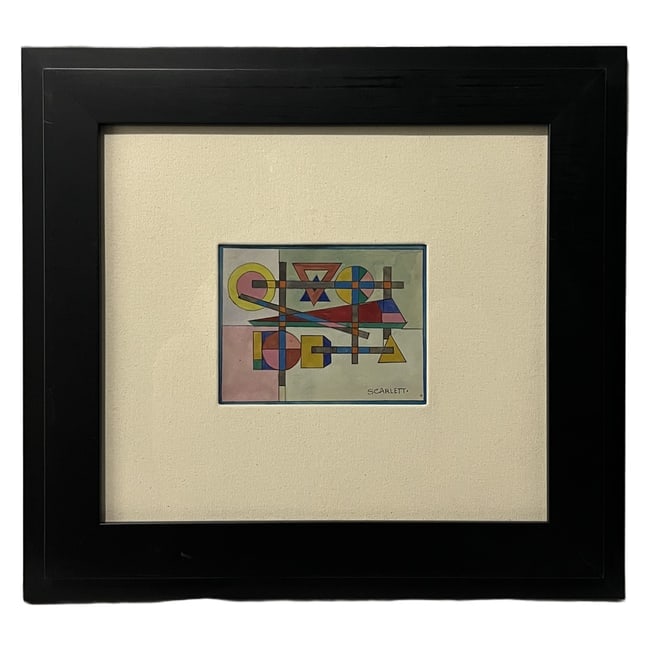 Rolph Scarlett | "Geometric Abstraction" | Mixed Media on Paper: Description: An original mixed media on paper artwork featuring a vibrant geometric abstraction. The piece is signed "SCARLETT." in the lower right corner. The artwork is set within a textured white f