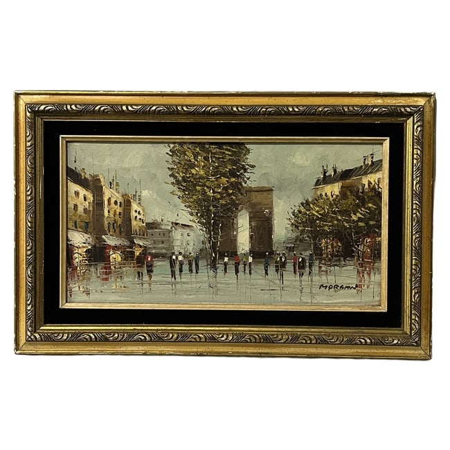 Morgan (20th Century) | "Parisian Street Scene with Arc de Triomphe" | Oil on Canvas: Description: An original oil on canvas painting depicting a vibrant Parisian street scene featuring the Arc de Triomphe, executed with heavy impasto palette knife techniques. The piece is signed "MORG