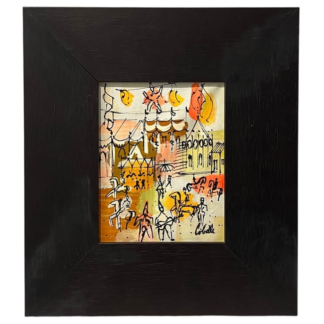 Charles Cobelle (1902–1994) | "Parisian Carnival Scene" | Oil or Acrylic on Canvas: Description: An original oil or acrylic on canvas painting depicting a lively Parisian carnival scene. The piece is signed "Cobelle" in the lower right quadrant. Housed in a wide, flat black wooden fr