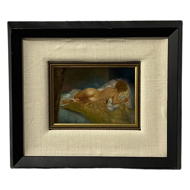 Kinert (20th Century) | "Reclining Nude" | Oil on Board: Description: An original oil on board painting depicting an expressive reclining nude figure. The piece is signed "Kinert" in the lower right corner. The painting is executed on a wooden board. Housed