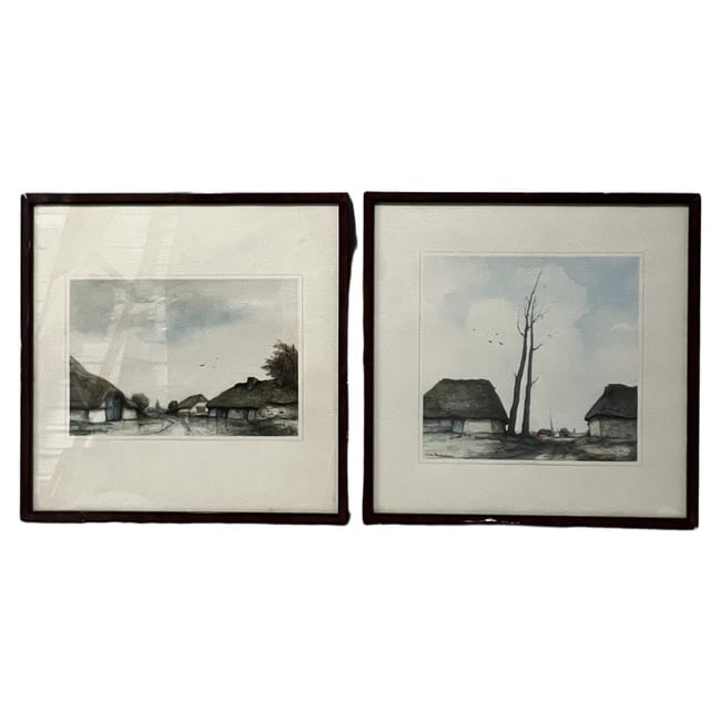 Dirk Baksteen (1886–1971) | Pair of Belgian Landscapes | Etchings: Description: A pair of original colored etchings depicting atmospheric Belgian landscapes, titled "na de regen" (After the Rain) and "Lekkerbos". Both pieces are signed in the lower margins and exhibi
