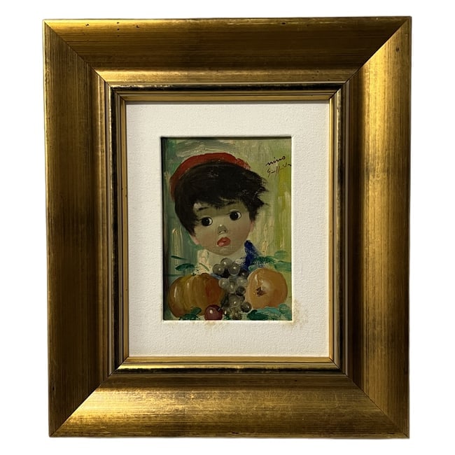 Nino Giuffrida (1924–2015) | "Boy with Fruit" | Oil on Canvas: Description: An original oil on canvas painting featuring a stylized portrait of a wide-eyed boy wearing a red cap with fruit in the foreground. The piece is signed "nino Giuffrida" in the upper right