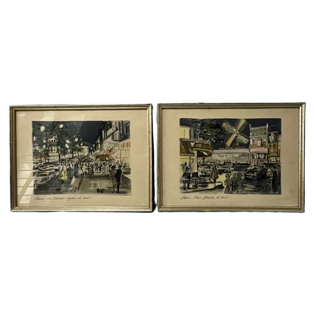 Janicotte (20th Century) | Pair of Parisian Night Scenes | Mixed Media on Paper: Description: A pair of original mixed media on paper artworks depicting vibrant mid-century Parisian street scenes at night, titled "Paris. Les Champs Elysées la nuit" and "Paris. Place Blanche, la n