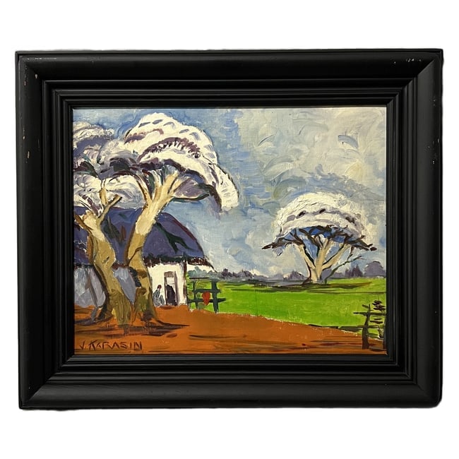 Jacob Karasin (20th Century) | "Expressionist Landscape" | Oil or Acrylic on Board: Description: An original oil or acrylic on board painting featuring a bold, highly stylized expressionist landscape with distinctive, thick-canopied trees and a vibrant palette. The piece is signed "J