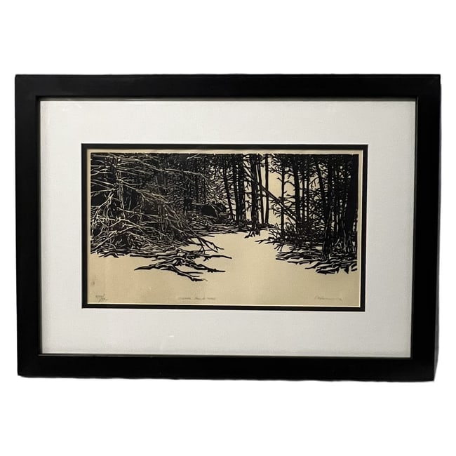 Frank Eckmair (1930–2012) | "Silence For A Time" | Limited Edition Woodcut: Description: An original limited edition woodcut titled "SILENCE FOR A TIME," published by the esteemed Associated American Artists (AAA), as confirmed by the original publisher's certificate label af