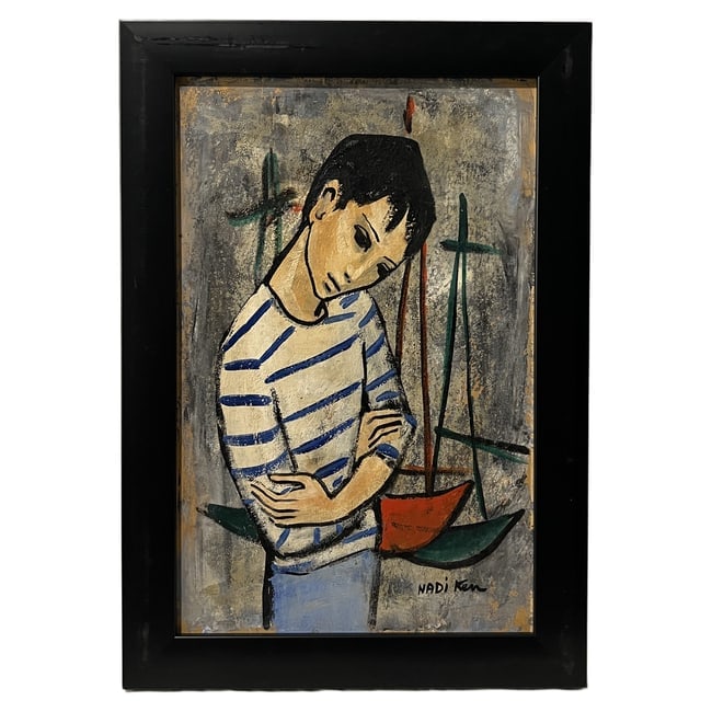 Nadi Ken (French, b. 1934) | "Boy in Striped Shirt with Sailboat" | Oil or Acrylic on Board: Description: An original oil or acrylic on board painting depicting a stylized portrait of a young boy in a striped maritime shirt alongside a toy sailboat against a mottled, textured background. The 