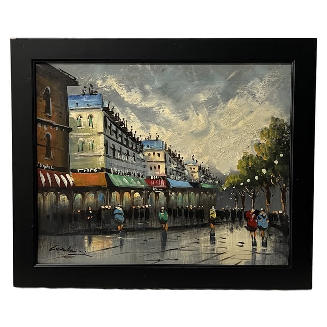 Cerdaín (20th Century) | "Parisian Street Scene" | Oil on Canvas: Description: An original oil on canvas painting featuring a classic rainy Parisian street scene executed with rich, heavy impasto textures. The piece is signed "Cerdaín" in the lower left corner. The
