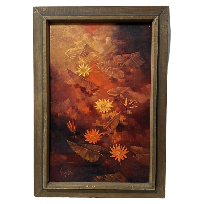 Floral Still Life / Botanical Composition | Oil on Canvas: Description: An original oil on canvas painting featuring an atmospheric botanical and floral composition rendered in warm, autumnal tones of deep red, amber, and brown, depicting stylized flowers and