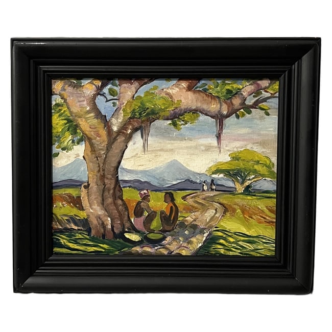 Jacob Karasin | "Landscape with Figures Under a Tree" | Oil or Acrylic on Board: Description: An original oil or acrylic on board painting depicting an expressive landscape featuring two figures resting beneath a large, twisting tree with hanging moss, set against a distant mounta