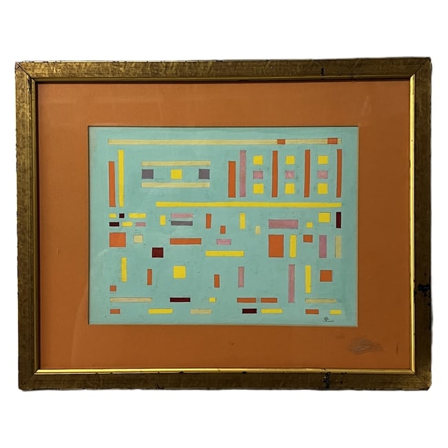 Jean-Pierre Ivany (20th Century) | "Geometric Abstraction" | Mixed Media: Description: An original mixed media and collage on paper artwork featuring a vibrant geometric abstraction. The piece is signed with an artist's monogram in the lower right corner of the composition.