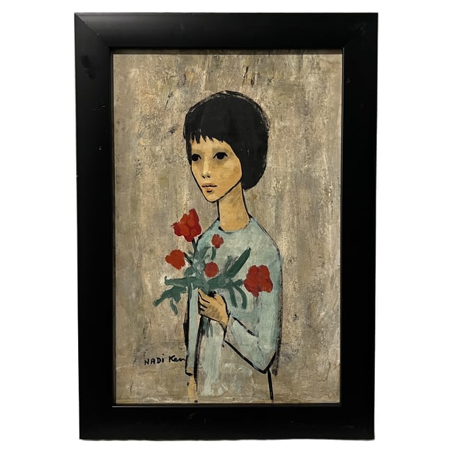 Nadi Ken (French, b. 1934) | "Girl with Red Flowers": Description: An original painting depicting a stylized, mid-century portrait of a young girl with dark hair holding a bouquet of bright red flowers against a heavily textured background. The piece is 