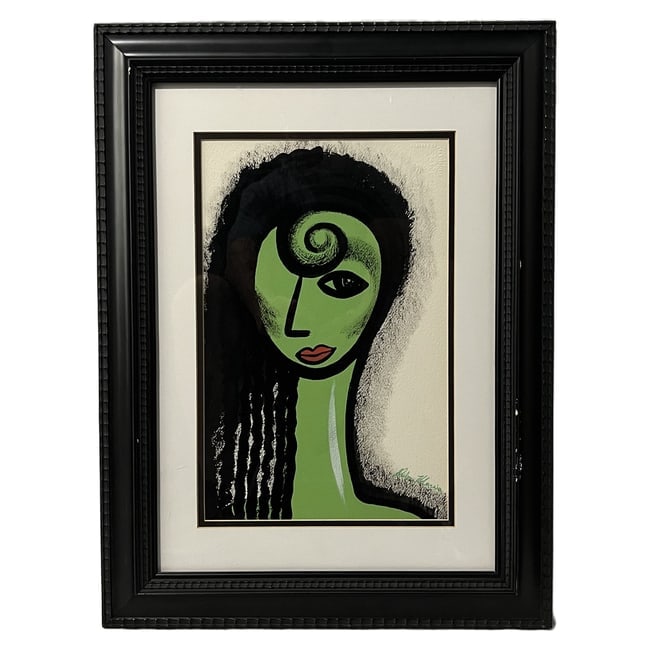 Signed Abstract Green Portrait | Mixed Media on Paper: Description: An original mixed media on paper artwork featuring a striking, stylized portrait of a woman with a vibrant green face, an elongated neck, and heavily textured black hair with a central fo