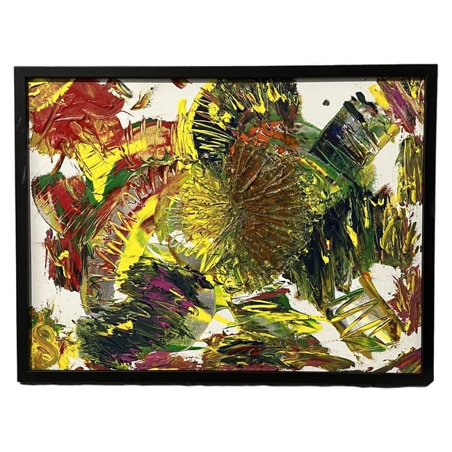 Abstract Impasto Composition | Mixed Media on Canvas: Description: An original mixed media on canvas featuring an abstract impasto composition with rich textures and dynamic forms. Housed in a simple black frame. The verso bears an Aaron Brothers framing