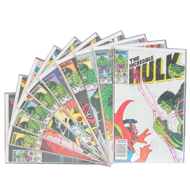 "The Incredible Hulk" #297-307 Assorted Run (Marvel Comics) [Raw Ungraded]: "The Incredible Hulk" #297-307 Assorted Run (Marvel Comics) [Raw Ungraded] This ten-issue near-consecutive run is anchored by the highly desirable, giant-sized anniversary issu