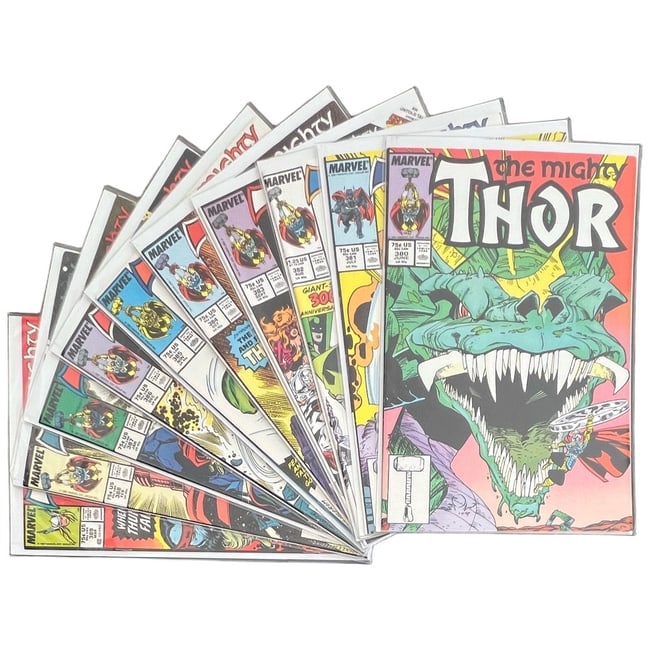 "The Mighty Thor" #380-389 Lot (Marvel Comics) [Raw Ungraded]: "The Mighty Thor" #380-389 Lot (Marvel Comics) [Raw Ungraded] This sequential ten-issue run bridges the final issues of Walt Simonson's legendary tenure and the beginning of the Tom DeFalco era. It