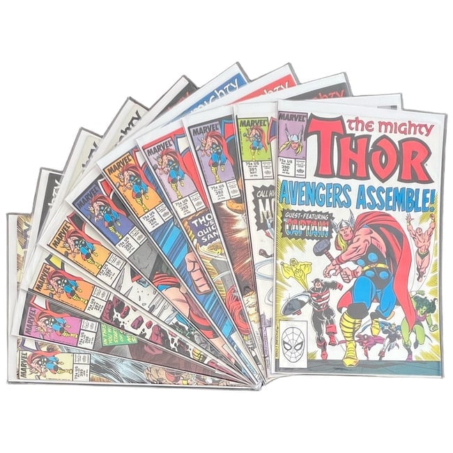 "The Mighty Thor" #390-399 Lot (Marvel Comics, 1988) [Raw Ungraded]: "The Mighty Thor" #390-399 Lot (Marvel Comics, 1988) [Raw Ungraded] This ten-issue sequential run features a massive key issue in Marvel history: Thor #390, the iconic moment where Captain America