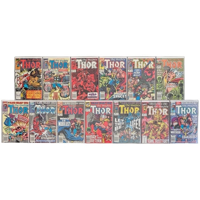 "The Mighty Thor" #414-426 Lot (Marvel Comics) [Raw Ungraded]: "The Mighty Thor" #414-426 Lot (Marvel Comics) [Raw Ungraded] This thirteen-issue consecutive run plunges into the Acts of Vengeance era and the Black Galaxy saga, charting the cosmic expansion of