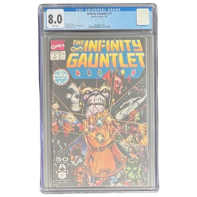 "The Infinity Gauntlet" #1 (Marvel Comics, 1991) [Graded 8.0]: "The Infinity Gauntlet" #1 (Marvel Comics, 1991) [Graded 8.0] The kickoff to Marvel's defining cosmic event of the 1990s. Crafted by Jim Starlin and George Pérez, this highly sought-after premiere