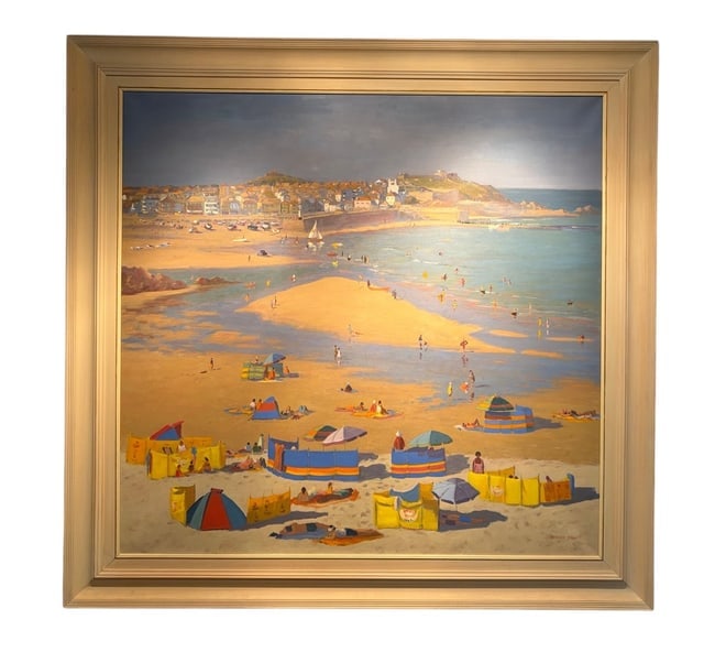 Douglas Hill: St. Ives Beach Scene, Impressionist Oil on Canvas (1 of 6)