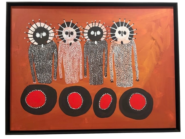 Jack Dale Mengenen: "Rai Wandjina (The Nunburu Women)" COA: Jack Dale Mengenen: "Rai Wandjina (The Nunburu Women)" Acrylic on Canvas An acrylic on canvas painting by artist Jack Dale Mengenen titled "Rai Wandjina (The Nunburu Women)