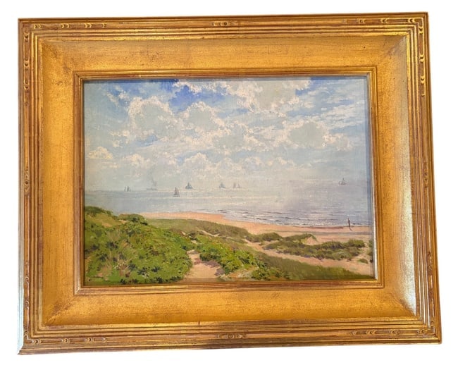 Stanhope Alexander Forbes: "Coastal Dunes and Sailboats" British Impressionist Study: Stanhope Alexander Forbes: "Coastal Dunes and Sailboats" Oil on Board An oil on board painting by British artist Stanhope Alexander Forbes titled "Coastal Dunes and Sailboa