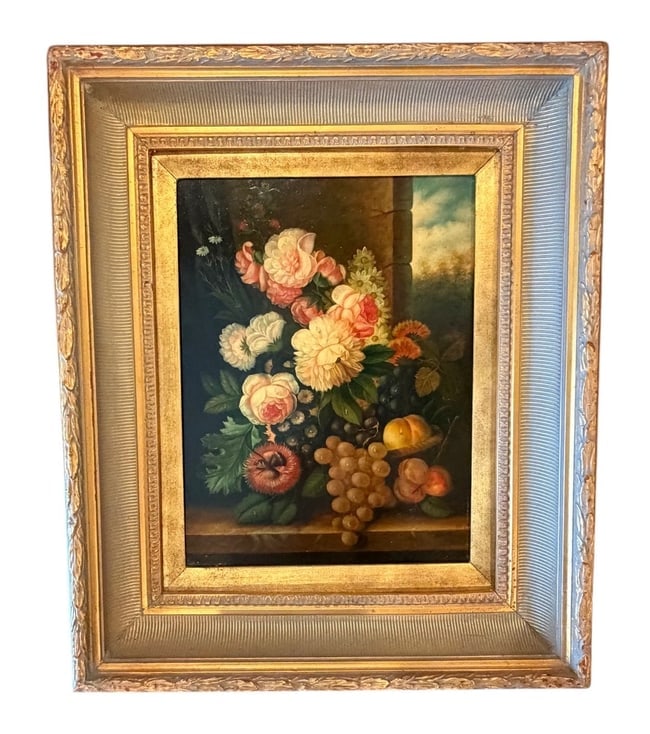 19th-Century European School: "Still Life with Flowers and Fruit" Oil on Panel: 19th-Century European School: "Still Life with Flowers and Fruit" Oil on Panel An oil on panel painting by an artist of the 19th-Century European School titled "Still Life