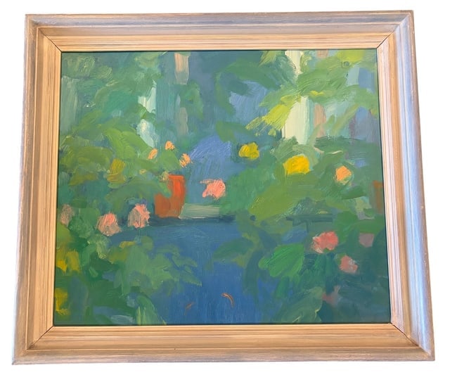 John Miller: "Pots in the Poolroom" Expressive Garden Vignette: John Miller: "Pots in the Poolroom" Oil on Canvas An oil on canvas painting by British artist John Miller titled "Pots in the Poolroom." Specifications & Detai
