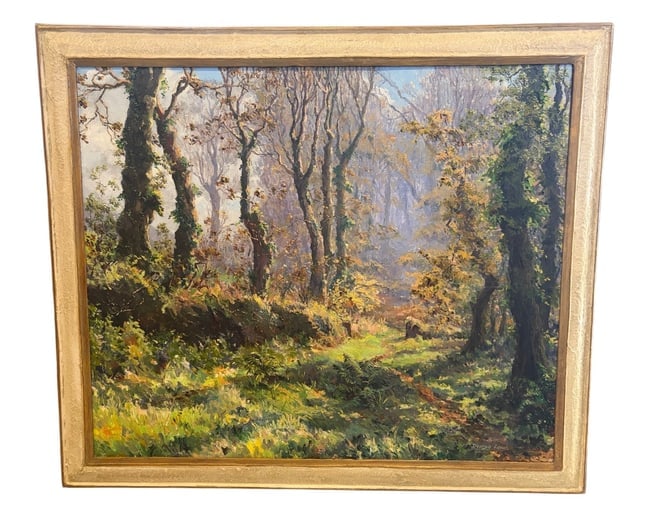 Denys Law: "Forest Path" Atmospheric British Woodland Oil on Canvas: Denys Law: "Forest Path" Oil on Canvas An oil on canvas painting by British artist Denys Law titled "Forest Path." Specifications & Details: