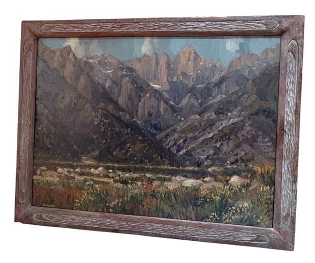 William M. Dorsey: "Springtime in the High Sierras" Mountain Landscape: William Dorsey: "Springtime in the High Sierras" Oil on Board An oil on board painting by American artist William Dorsey titled "Springtime in the High Sierras." <