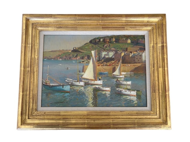 Arthur Hayward: "Cornish Harbour Scene" St. Ives Maritime Masterpiece (1935): Arthur Hayward: "Cornish Harbour Scene" Oil on Board An oil on board painting by British artist Arthur Hayward titled "Cornish Harbour Scene (Boats before Smeaton's Pier, S
