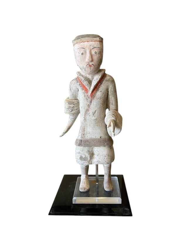 Chinese Sculpture Figure of a Male Attendant (Han Dynasty) Museum Piece: Painted Pottery Figure of a Male Attendant, Han Dynasty A painted earthenware tomb figure (mingqi) dating to the Chinese Han Dynasty (206 BC – 220 AD). Specifi