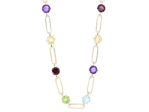 16.00ctw Multi-Gemstone Paperclip Station Necklace in 18K Yellow Gold over Silver: 16.00ctw Multi-Gemstone Station Necklace A vibrant 16.00ctw multicolor gemstone station necklace featuring a trendy 18-inch paperclip chain in 18K yellow gold over sterling silver.