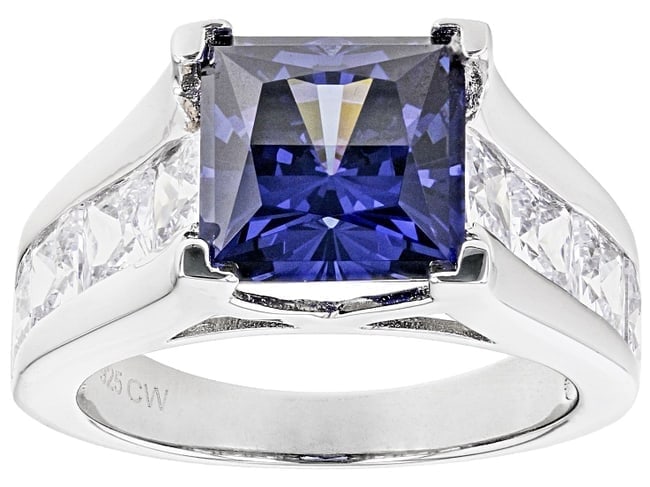 9.90ctw Blue & White Cubic Zirconia Ring in Rhodium-Plated Sterling Silver: 9.90ctw Blue & White CZ Ring A dazzling 9.90ctw display of blue and white cubic zirconia designed to catch the light in rhodium over sterling silver. Size: 8.5