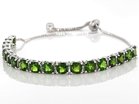 10.70ctw Green Chrome Diopside Bolo Bracelet in Rhodium-Plated Sterling Silver: 10.70ctw Chrome Diopside Bolo Bracelet Vibrant 10.70ctw green chrome diopside set in rhodium-plated sterling silver featuring a versatile, adjustable bolo clasp. Ships fro