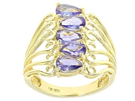 1.70ctw Blue Tanzanite 5-Stone Ring in 18K Yellow Gold over Silver: 1.70ctw Tanzanite 5-Stone Ring A classic 5-stone design showcasing 1.70ctw of captivating blue tanzanite in 18K yellow gold over sterling silver. Size: 10