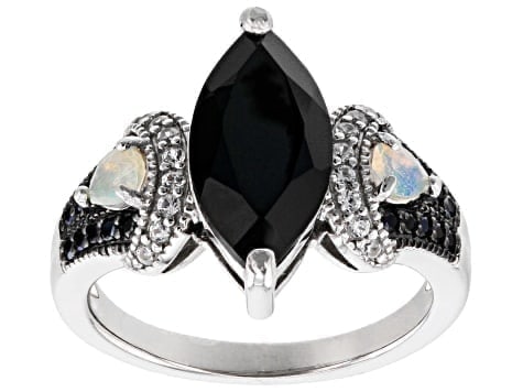 3.17ctw Black Spinel & Fire Opal Ring in Rhodium-Plated Sterling Silver: 3.17ctw Black Spinel & Fire Opal Ring A dramatic contrast of deep black spinel and fiery opal totaling 3.17ctw, securely set in rhodium-plated sterling silver. Size:<