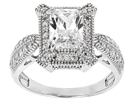 3.75ctw White Cubic Zirconia Ring in Rhodium-Plated Silver: 3.75ctw White Cubic Zirconia Ring A sparkling ring showcasing brilliant white cubic zirconia stones with exceptional clarity and fire, expertly cut to maximize brilliance. Set in r