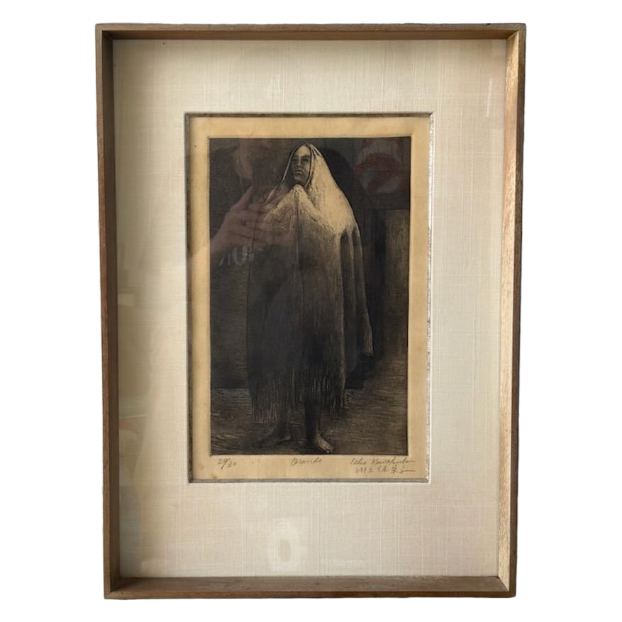 Eiko Kawakubo (Japanese, 20th Century) – Orando (In Prayer): Original intaglio print (etching) on paper titled Orando (In Prayer) by Japanese artist Eiko Kawakubo. The artwork is numbered 20/30